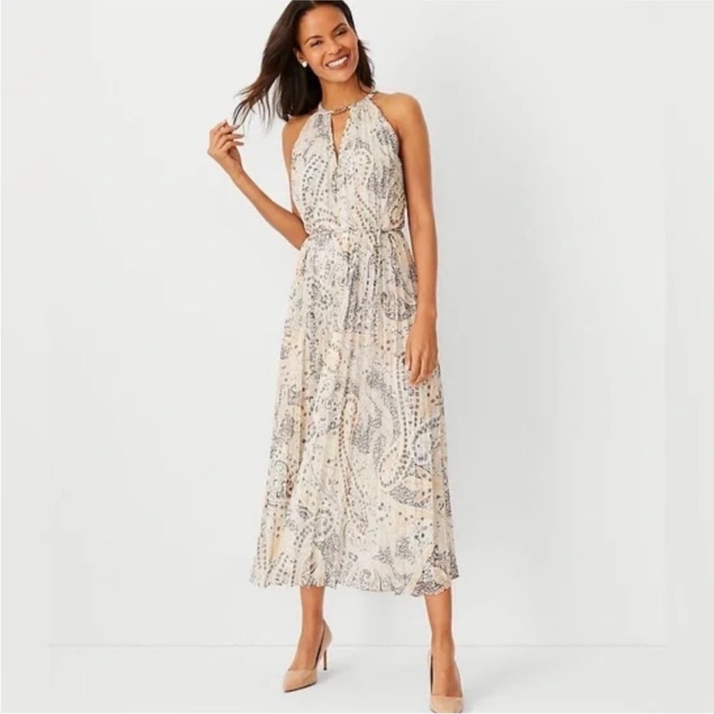 Ann Taylor Shimmer Paisley Pleated Halter Dress XL NWT